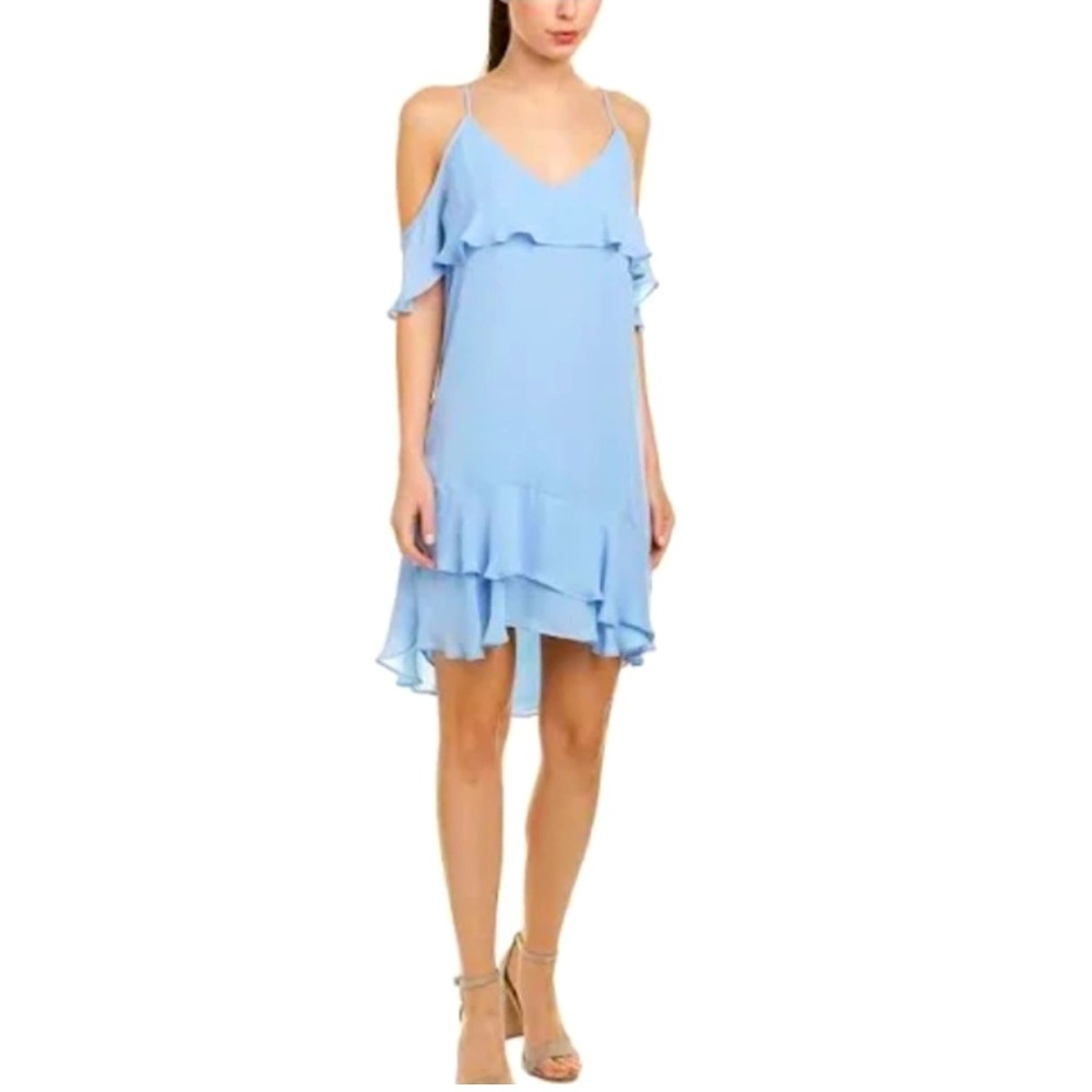 Parker Thatcher $288 Cold Shoulder Ruffled Mini Dress light Blue XS NWT